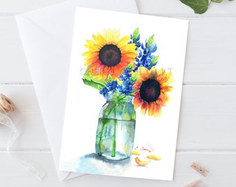 Sunflower Bluebonnet Cards from watercolor paintings by Cheryl Casey, blank inside, notecards, greeting cards