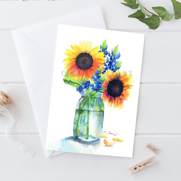 Sunflower Bluebonnet Cards from watercolor paintings by Cheryl Casey, blank inside, notecards, greeting cards