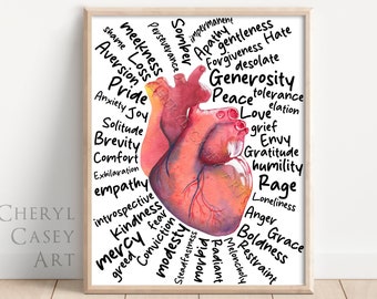 Anatomical Heart Art Print with Human Condition words from Watercolor by Cheryl Casey, anatomy art wall decor, cardiology, psychology