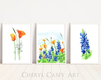 Bluebonnets and Poppies Art Print Set of 3, from Watercolor Painting by Cheryl Casey, Texas Bluebonnets, California Poppies