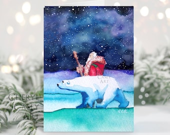 Santa and Polar Bear Greeting Cards Pack, from watercolor painting by Cheryl Casey, blank inside, Christmas cards, notecards