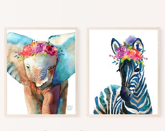 Baby Elephant and Zebra Nursery Art Print with Flower Crown from Watercolor Paintings by Cheryl Casey