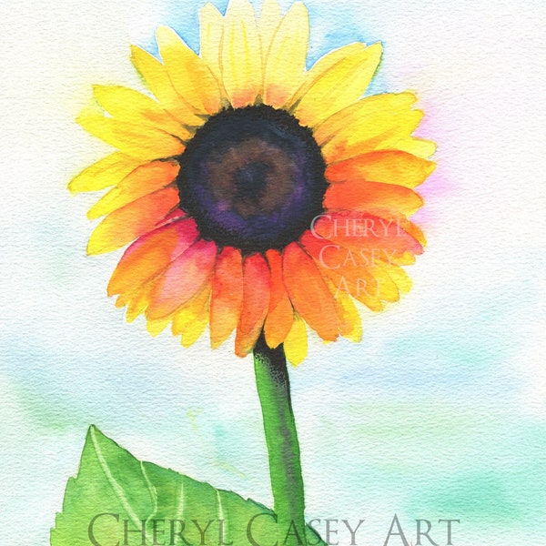 Sunflower Art Print from Watercolor Painting by Cheryl Casey, yellow wildflower, simple clean minimalist