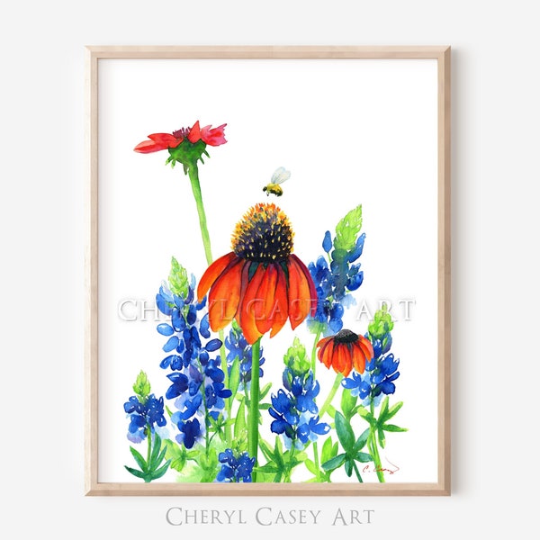 Bluebonnets Coneflowers Bee Wall Art Print from Watercolor painting by Cheryl Casey,  red/orange coneflowers Texas bluebonnets honeybee