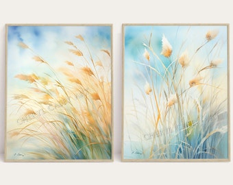 Coastal Prints East Coast Wall Art Set of 2, Dune Grass, Winter Grass, Watercolor by Cheryl Casey