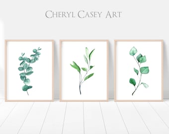 Sage Green Wall Art Eucalyptus Watercolor Print Set of 3 from paintings by Cheryl Casey