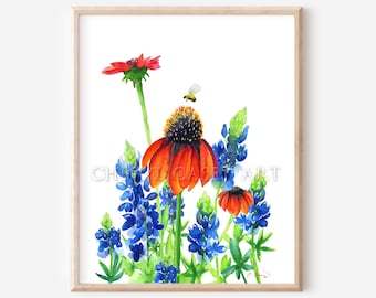 Bluebonnets Coneflowers Bee Wall Art Print from Watercolor painting by Cheryl Casey,  red/orange coneflowers Texas bluebonnets honeybee