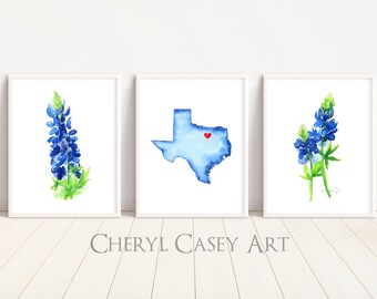 Custom Texas Map and Bluebonnet Art Print Set of 3, Red Watercolor Heart Marks Your Town, Texas Bluebonnets by Cheryl Casey