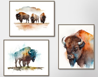 Bison American Buffalo Art Print Set of 3, from Watercolor Paintings by Cheryl Casey
