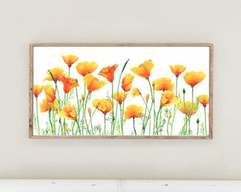 California Poppies Art Print, Long Panoramic, from a Poppy Watercolor Painting by Cheryl Casey