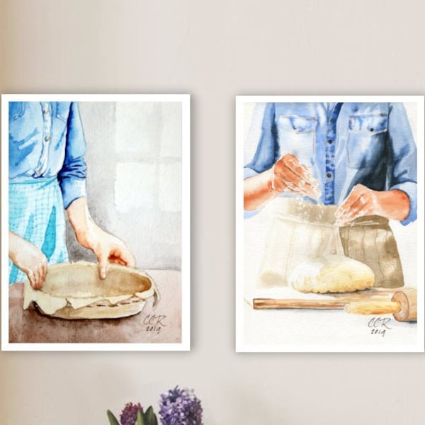 Kitchen Wall Decor Art Print, Pie Crust and Bread Dough Watercolor Paintings by Cheryl Casey