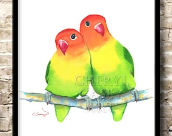 Lovebirds Print, Lovebird Couple, Watercolor Painting of Birds in Love, Lovebird Pair