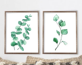 Eucalyptus Print Set of 2, Green Botanical Living Room Wall Art, Minimalist Watercolor decor, silver dollar eucalyptus