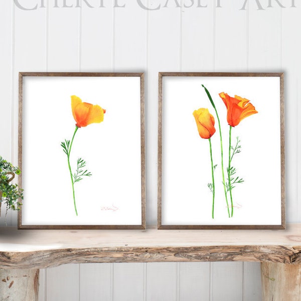 Poppies Art Print Set of 2, Poppy Watercolor Painting by Cheryl Casey, State Flower California Poppy