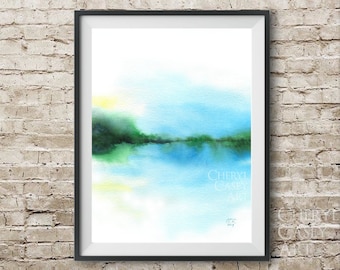 Abstract Landscape Art Print from Watercolor Painting by Cheryl Casey, Modern Aqua Blue Lake