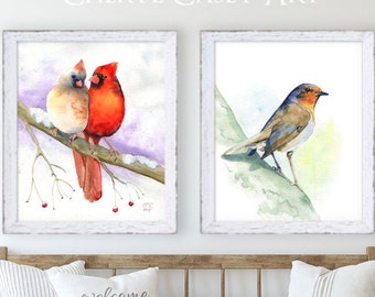 Cardinals and Robin Bird Art Prints Set of 2 from Watercolor Paintings by Cheryl Casey