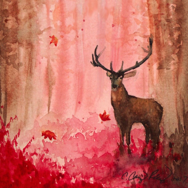 Deer in Forest Print, Watercolor Painting by Cheryl Casey, buck stag antlers coral autumn