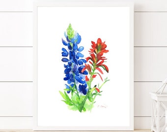 Texas Bluebonnet Indian Paintbrush Art Print from Watercolor Painting by Cheryl Casey, blue and red wildflowers, simple clean minimalist