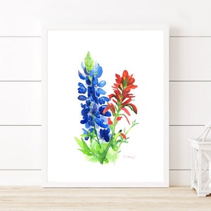 Lámina artística de Texas Bluebonnet Indian Paintbrush, basada en una acuarela de Cheryl Casey, flores silvestres azules y rojas, estilo minimalista sencillo y limpio.