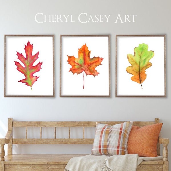 Autumn Leaves Set of 3 Art Prints from Watercolor Painting by Cheryl Casey, fall maple leaf oak