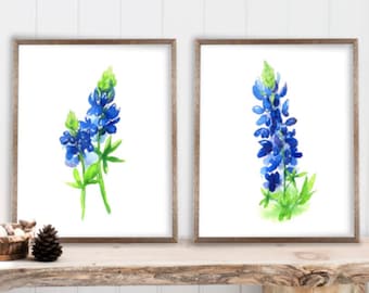 Impression d'art Bluebonnet, lot de 2, à partir de peintures aquarelles Bluebonnet de Cheryl Casey, fleurs bleues minimalistes