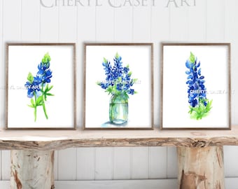 Bluebonnets Art Print Set of 3, Watercolor Painting by Cheryl Casey, Texas Bluebonnets