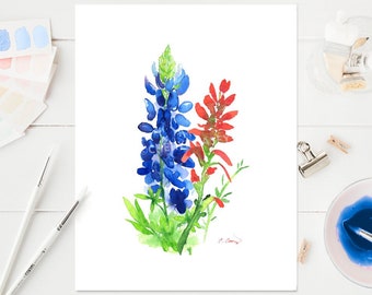 ORIGINAL Hand Painted Bluebonnet and Indian Paintbrush by Cheryl Casey, Made to Order, 8x10 or 11x14 Watercolor Painting