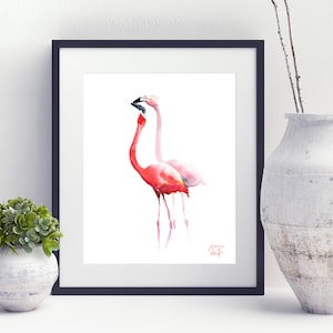 Flamingos Art Print from Watercolor Painting by Cheryl Casey, Flamingo Couple in Coral and Pink