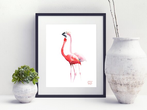 Flamingos Art Print from Watercolor Painting by Cheryl Casey, Flamingo Couple in Coral and Pink