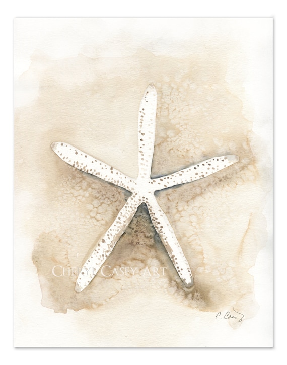 Starfish Seashell Art Decor, Coastal Wall Art, Neutral Beach Print from Watercolor Painting by Cheryl Casey