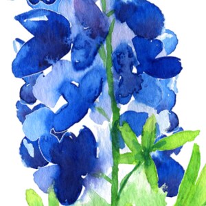Puede incluir: Una pintura de acuarela de flores de lupino azul con hojas verdes. Las flores est&aacute;n pintadas en un estilo suelto y abstracto, con un enfoque en el color azul.