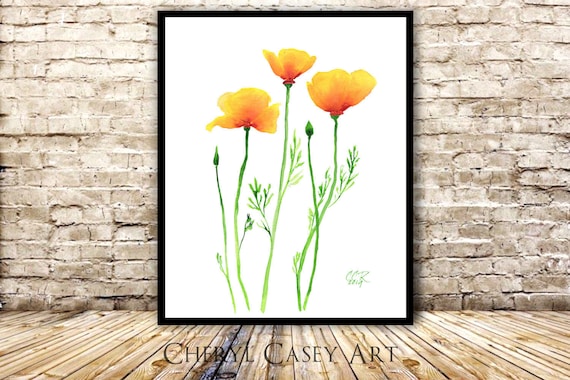 California Poppies Art, Minimalist Orange Flowers from Watercolor by Cheryl Casey