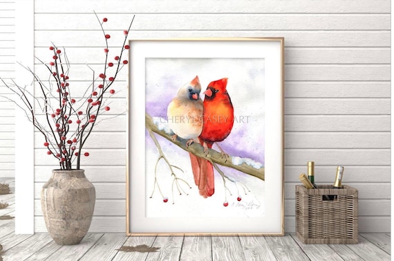 Cardinal Print, Cardinal Couple, Watercolor Painting of Birds in Love, Cardinal Pair