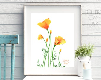 California Poppy Print, Poppies Watercolor Art by Cheryl Casey, Orange Wildflower