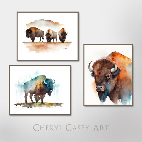 Bison American Buffalo Art Print Set of 3, from Watercolor Paintings by Cheryl Casey