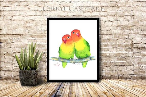 Lovebirds Print, Lovebird Couple, Watercolor Painting of Birds in Love, Lovebird Pair