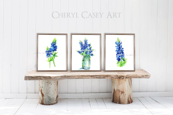 Bluebonnets Art Print Set of 3, Watercolor Painting by Cheryl Casey, Texas Bluebonnets