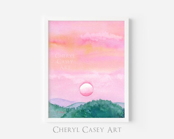Pink Sunrise Print from Watercolor Painting by Cheryl Casey, pink and turquoise art, sunrise decor, rose gold art, mountain wall decor