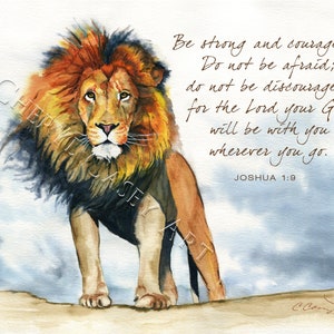 Lion Artwork Bible Verse Courage Scripture, Joshua 1:9, from Watercolor Painting by Cheryl Casey image 1