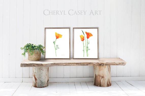 Poppies Art Print Set of 2, Poppy Watercolor Painting by Cheryl Casey, State Flower California Poppy