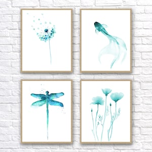 Teal Wall Art Print Set of 4, Shades of Blue Aqua Teal from Watercolor Paintings by Cheryl Casey image 1