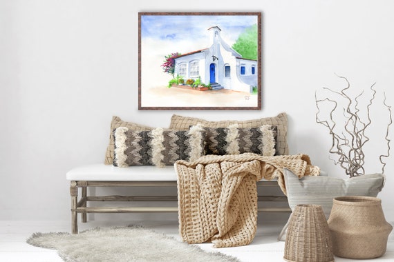 Spanish Mission Architecture Art Print, Cisco Texas Historic Building, from Watercolor Painting by Cheryl Casey