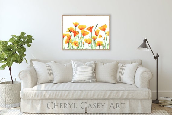 California Poppy Field Print, Poppies Watercolor Art by Cheryl Casey, Orange Wildflowers