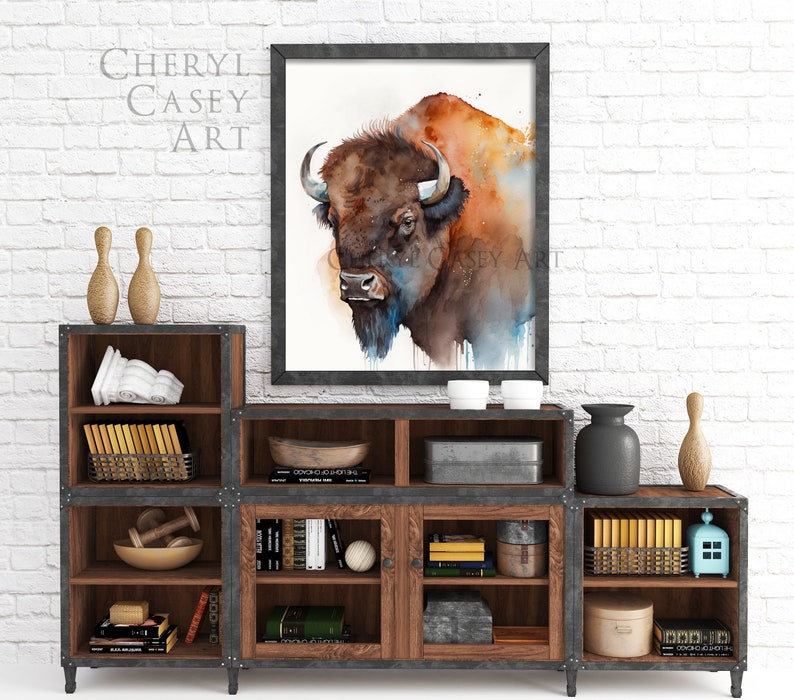 Bison American Buffalo Bust Art Print from Watercolor Painting by Cheryl Casey image 2