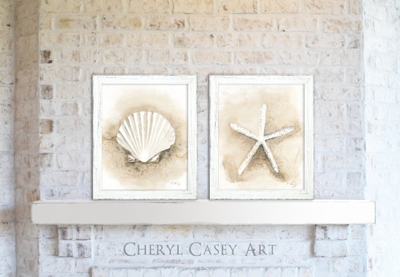 Seashell Art Decor Set of 2, Coastal Wall Art Set, Neutral Beach Prints from Watercolor by Cheryl Casey, clam shell, starfish