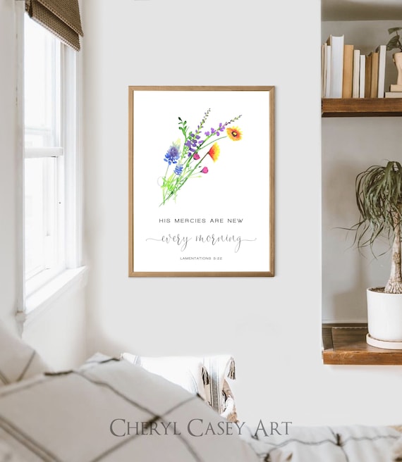 His Mercies Are New Every Morning Lamentations 3 22 Texas Wildflowers Art Print Watercolor by Cheryl Casey, Christian Gift Bible Verse