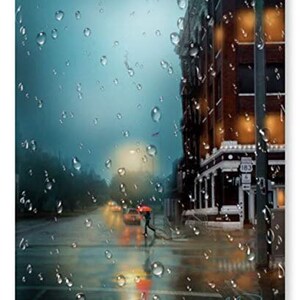 Impressão de arte de rua Rainy City da arte original de Cheryl Casey, 6th Street in the Rain, decoração de parede, guarda-chuva vermelho, paisagem urbana, parede extra grande