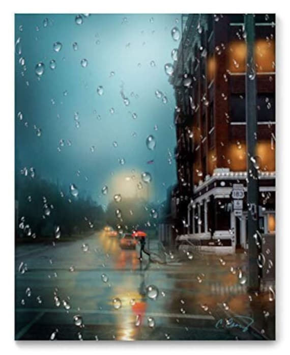 Rainy City Street Art Print from Original Art by Cheryl Casey, 6th Street in the Rain, Wall Decor, Red Umbrella, Cityscape Extra Large Wall
