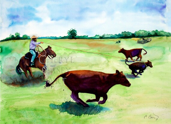 Cowboy Art Print from Watercolor Painting by Cheryl Casey, cattle ranch calf roping landscape