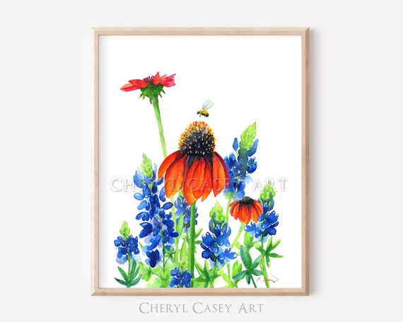 Bluebonnets Coneflowers Bee Wall Art Print from Watercolor painting by Cheryl Casey,  red/orange coneflowers Texas bluebonnets honeybee